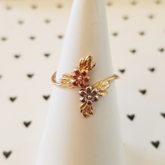 10K Gold Floral Tri Color Bypass Ring